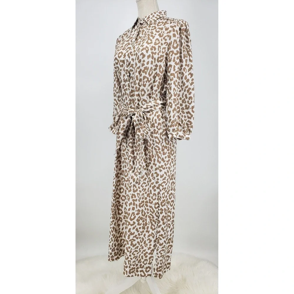 J Crew Midi Shirt Dress Bold Leopard Print Size 2 Belted Tie Waist Tan Cream